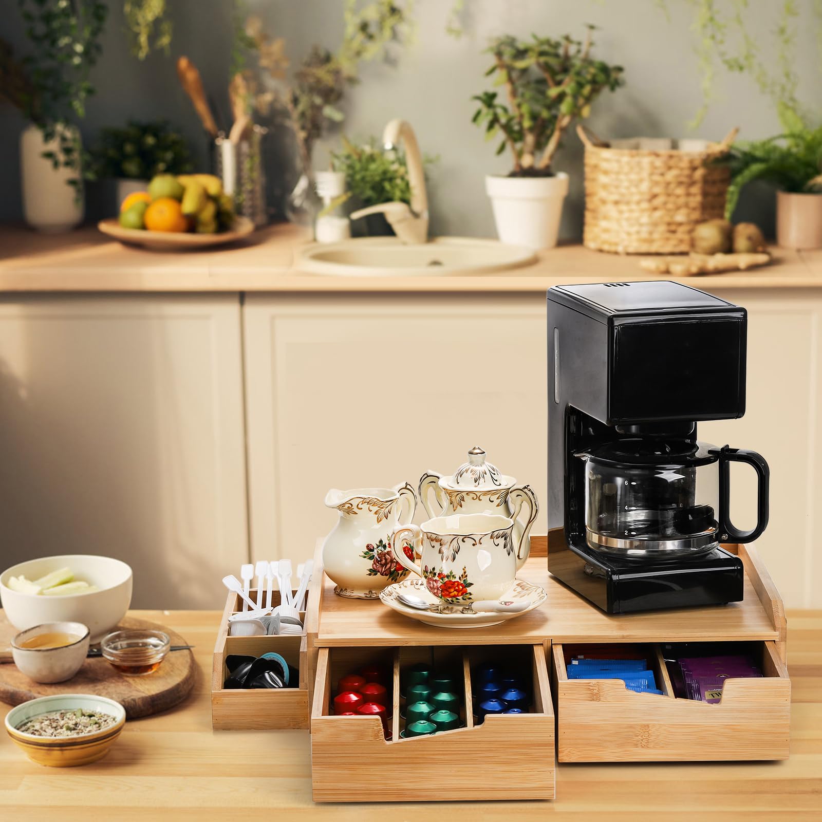 SOUJOY k-cup counter storage with side box for accessories and extras.