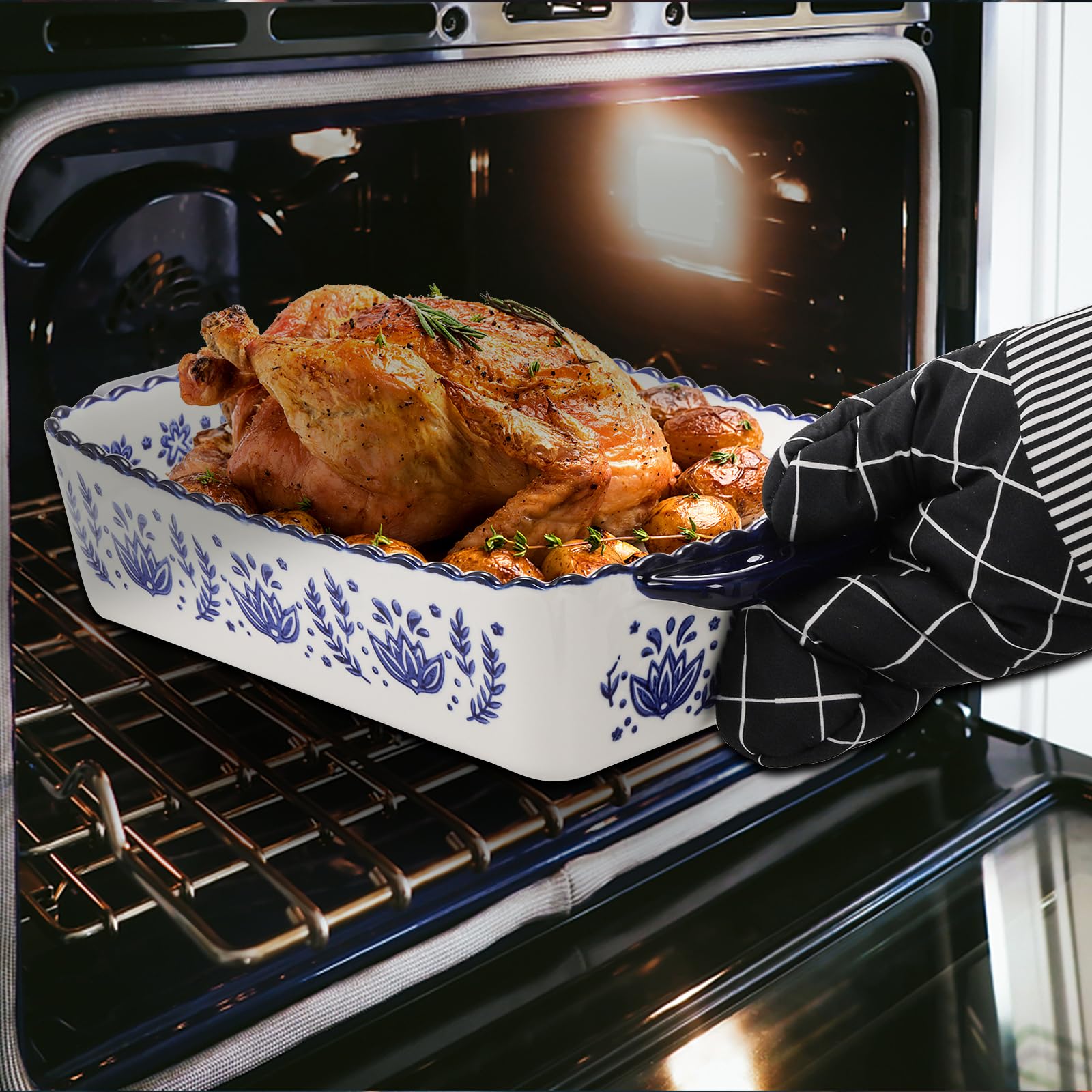 SOUJOY bakeware with double handles for easy oven to table transfer.