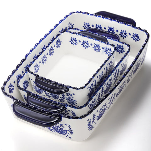 SOUJOY bakeware with blue floral design adds decorative table appeal.