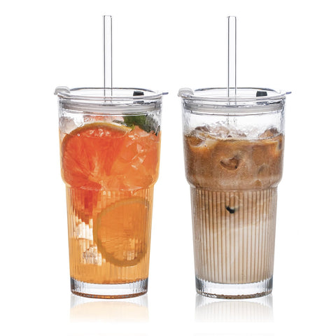 SoulTimes 20oz glass tumbler with ribbed design for iced coffee on the go.