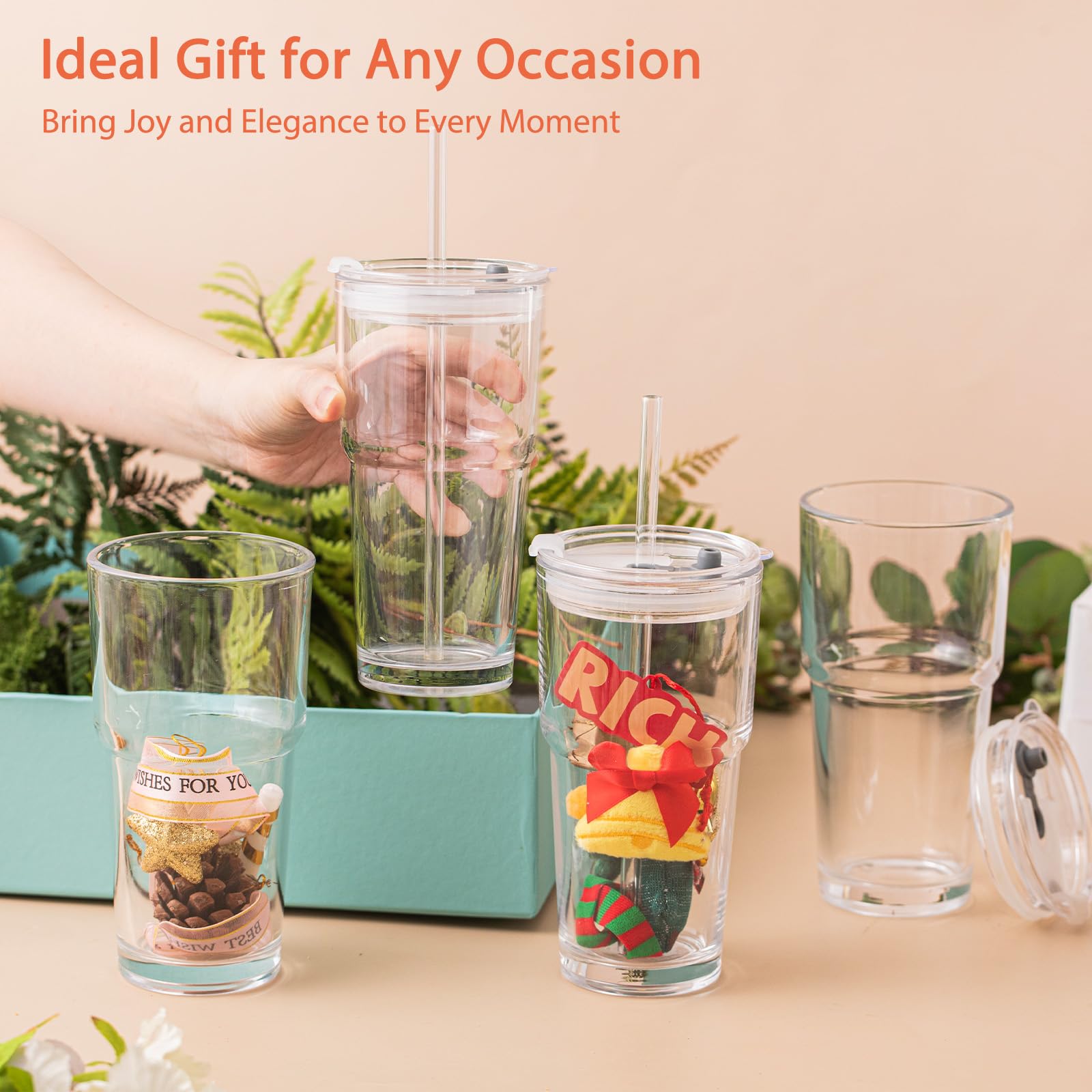 Dishwasher-safe SoulTimes glass tumblers lined up on a kitchen counter.