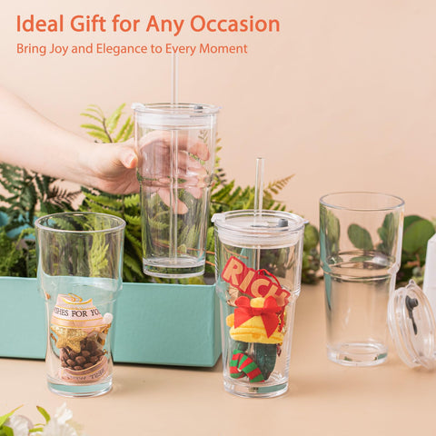 Dishwasher-safe SoulTimes glass tumblers lined up on a kitchen counter.