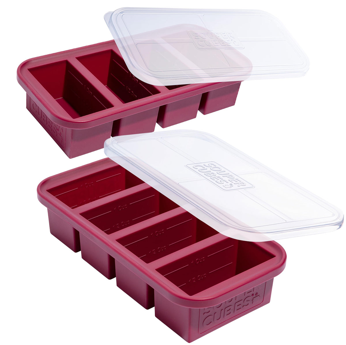 Souper Cubes 1 cup freezer tray with lids in cranberry color for portioned meals.