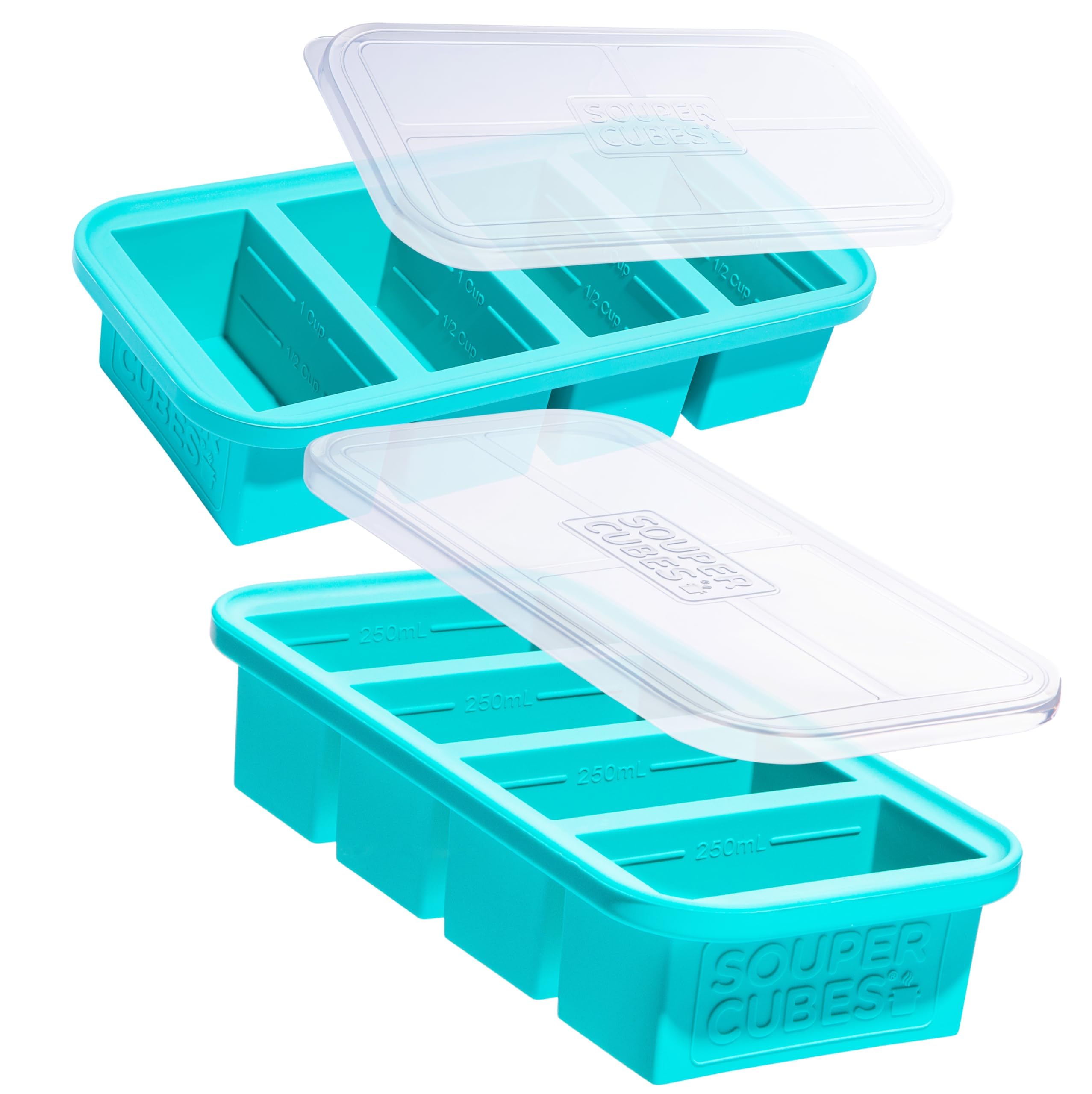 Souper Cubes 1-cup silicone freezer mold with lid in aqua for easy meal prep.
