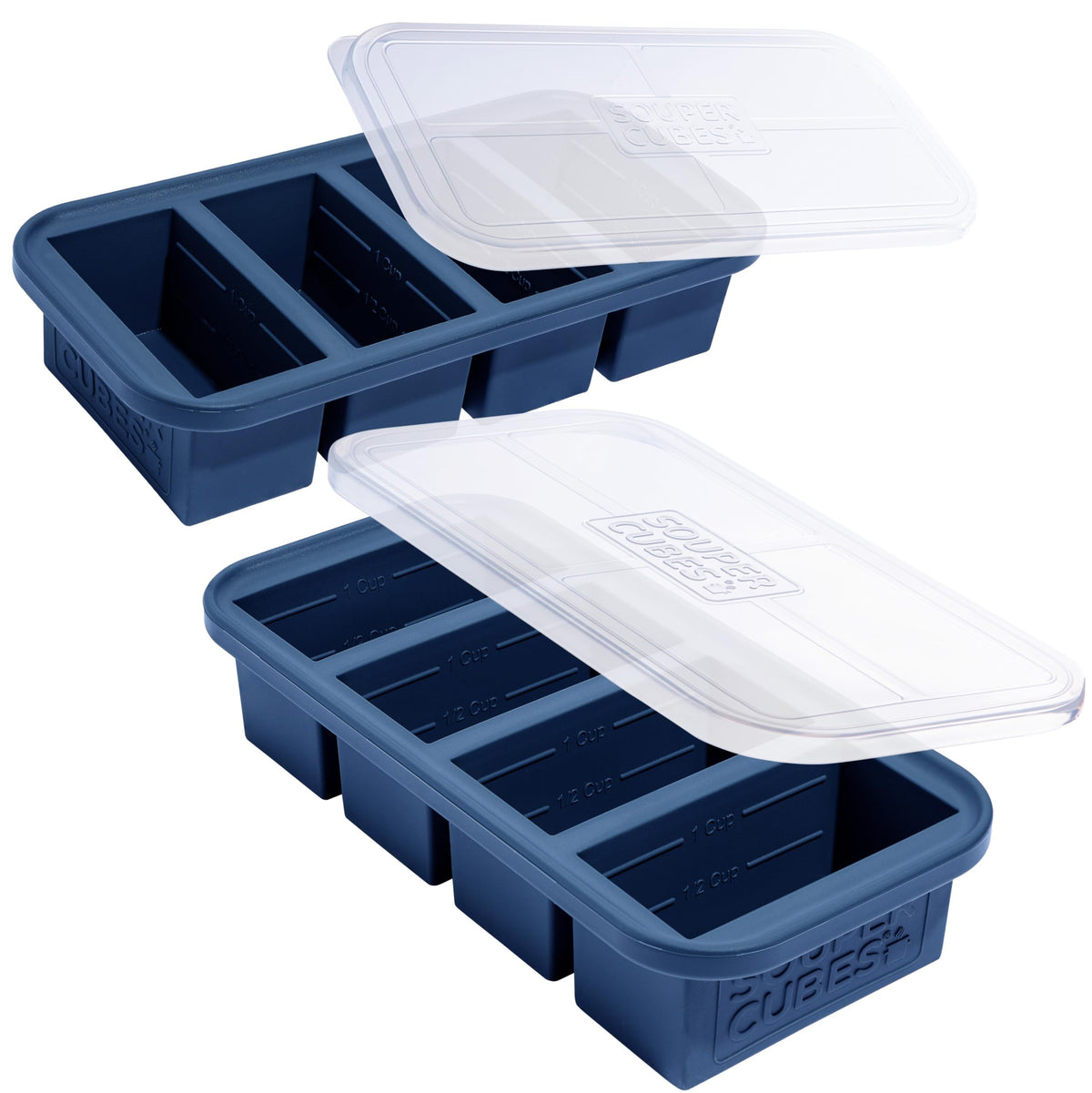 Souper Cubes 1cup-freezer-mold-blueberry-lid enables portioned meals.