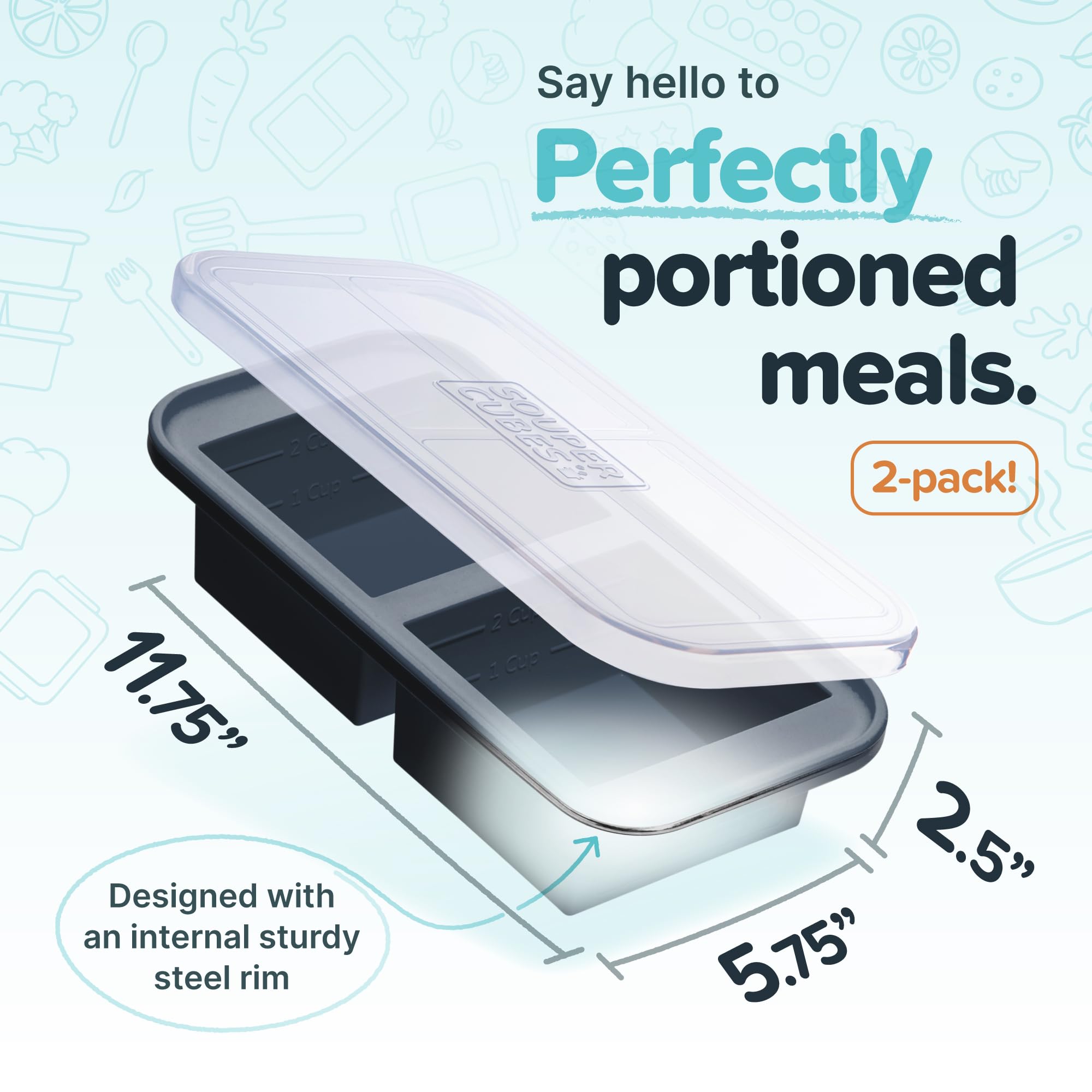 Souper Cubes 2 cup molds with fill lines aid portion control and reheating.