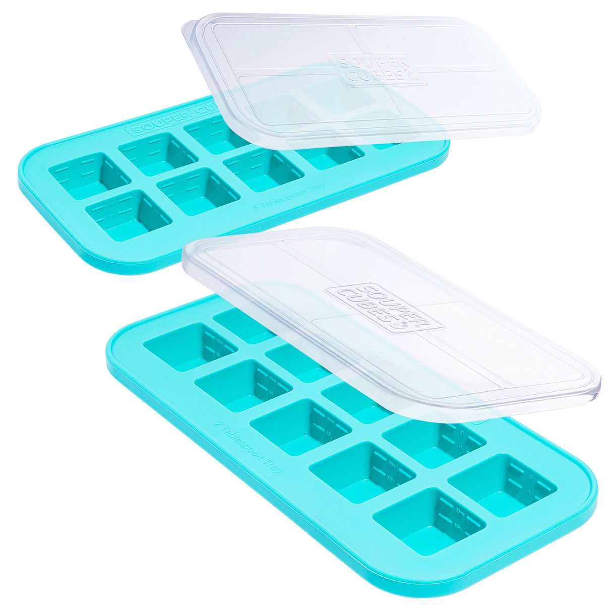 Souper Cubes Aqua 2Tbsp tray with lid for precise portions and organized freezer.