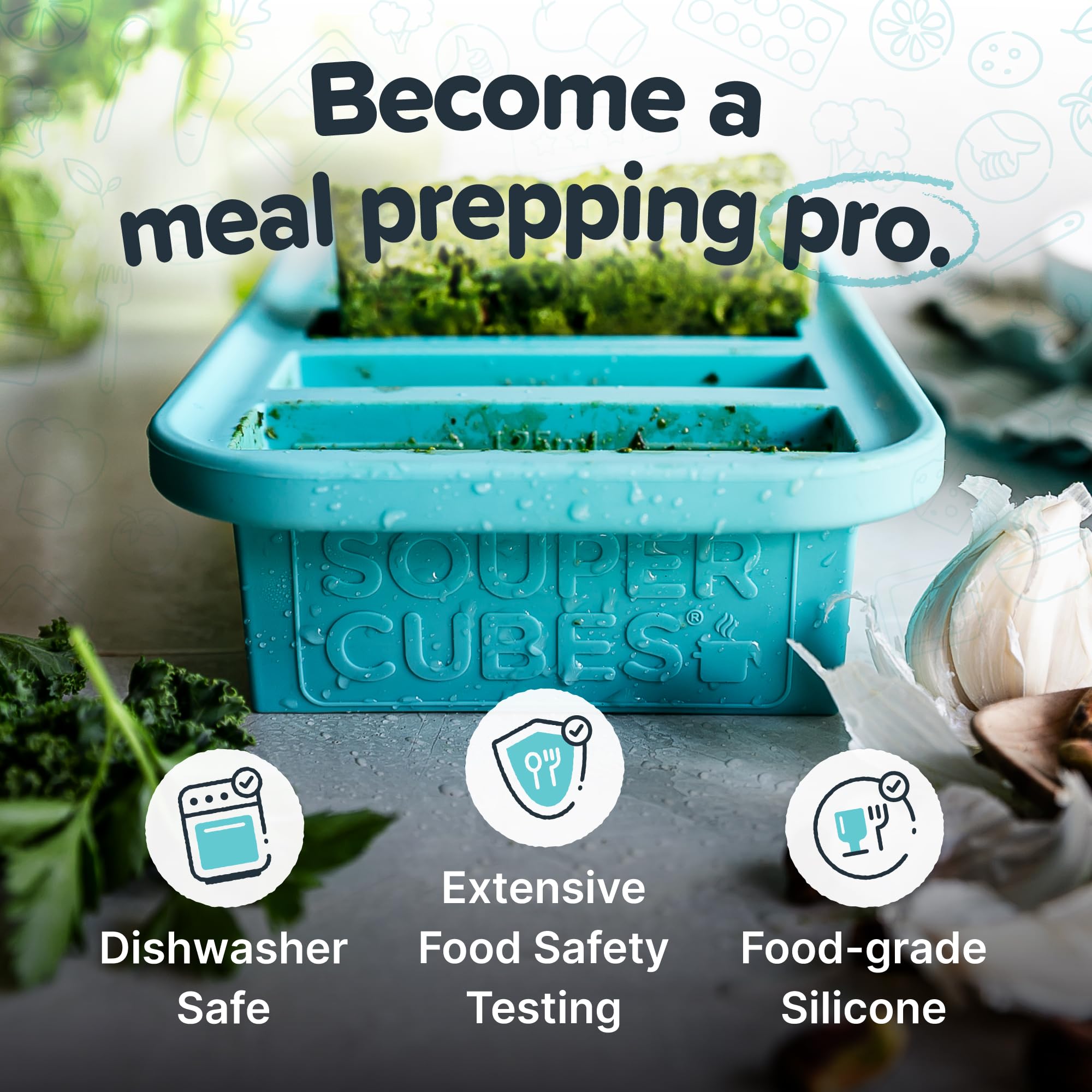 Souper Cubes Aqua freezes soups and sauces into convenient servings.