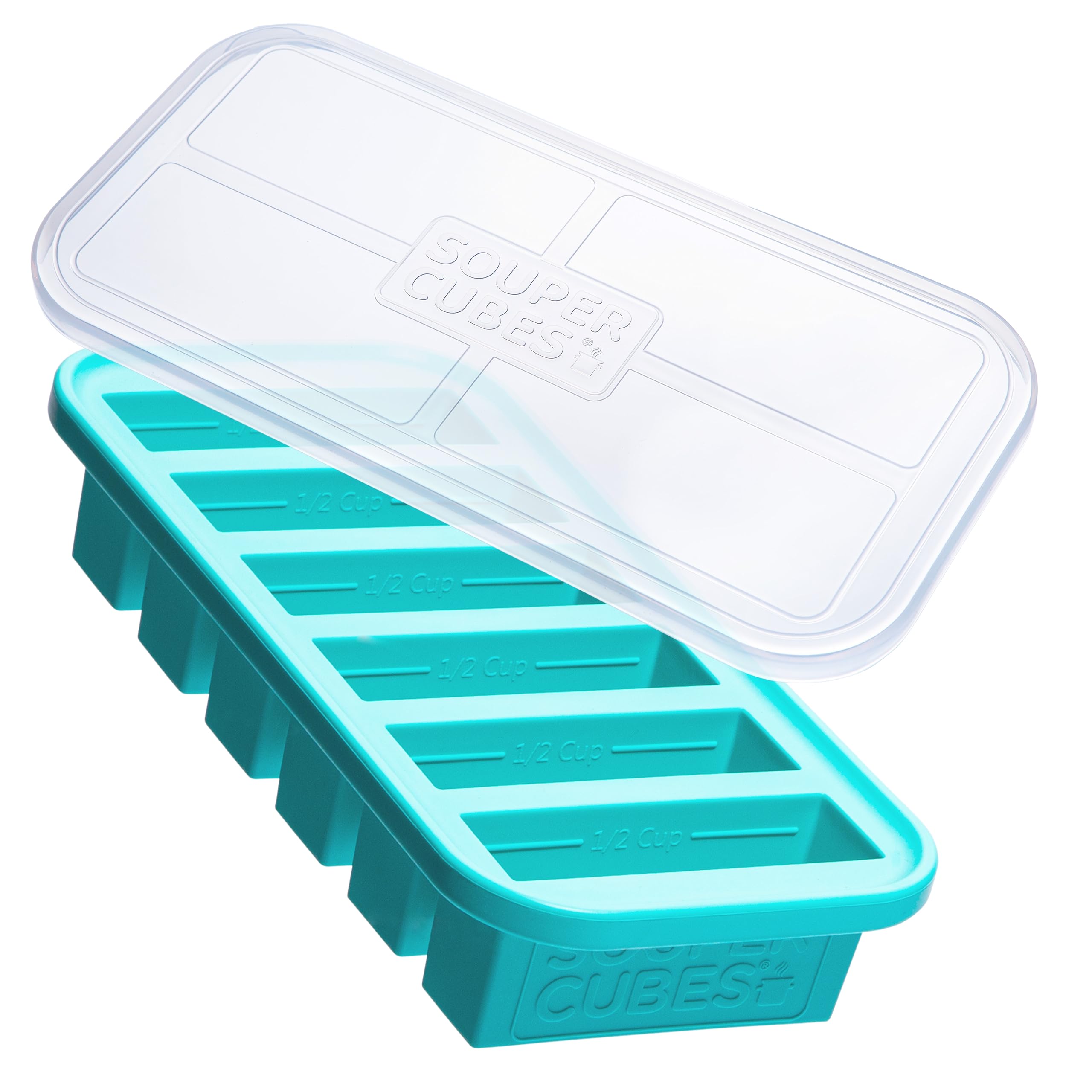 Souper Cubes Aqua mold with lid on, enabling secure, ready-to-reheat portions.
