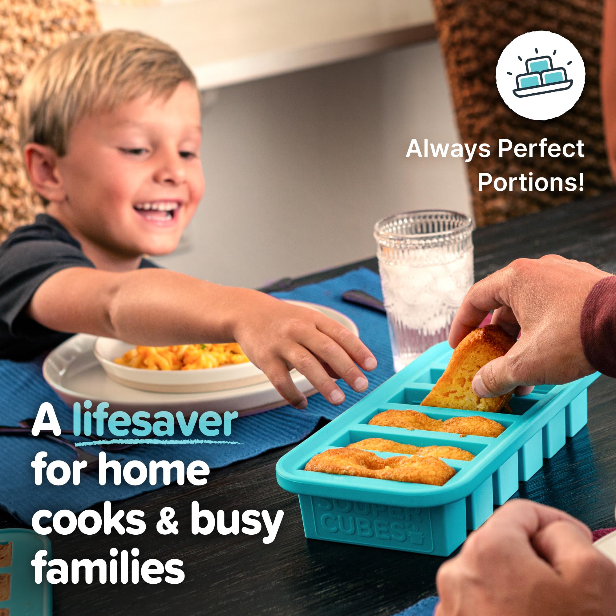 Souper Cubes Aqua oven-safe up to 415°F for reheating or bake-ready meals.