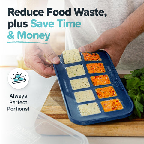 Souper Cubes blueberry 2-pack stores garlic and herbs in compact portions.
