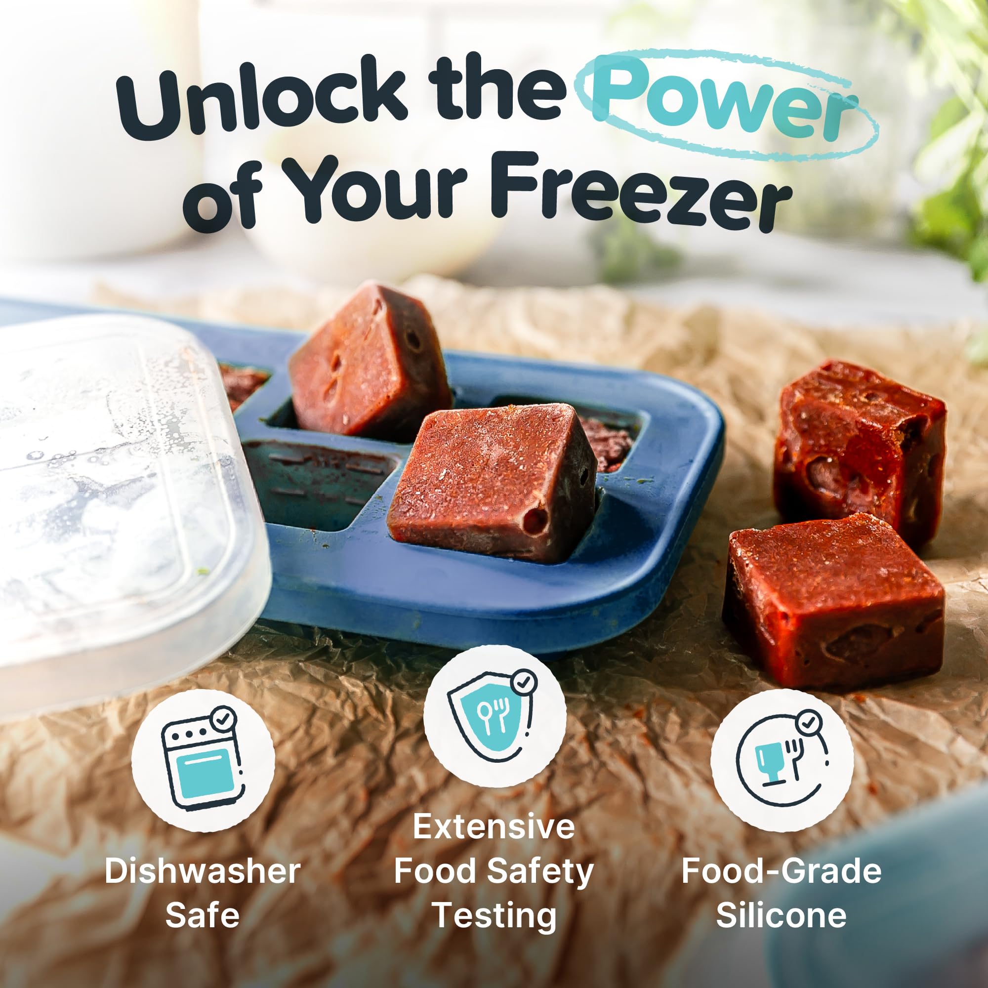 Souper Cubes blueberry 2-pack freezer molds for lemon juice and pesto.