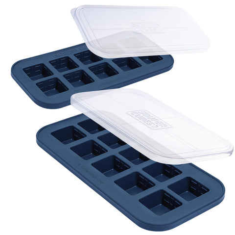 Souper Cubes blueberry 2-pack freezer molds with lids for easy portioning and stacking.