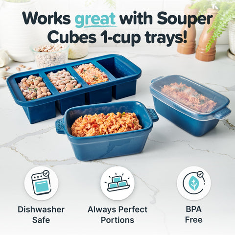 Souper Cubes blueberry stoneware dish stacked, space-saving nesting for fridge or pantry