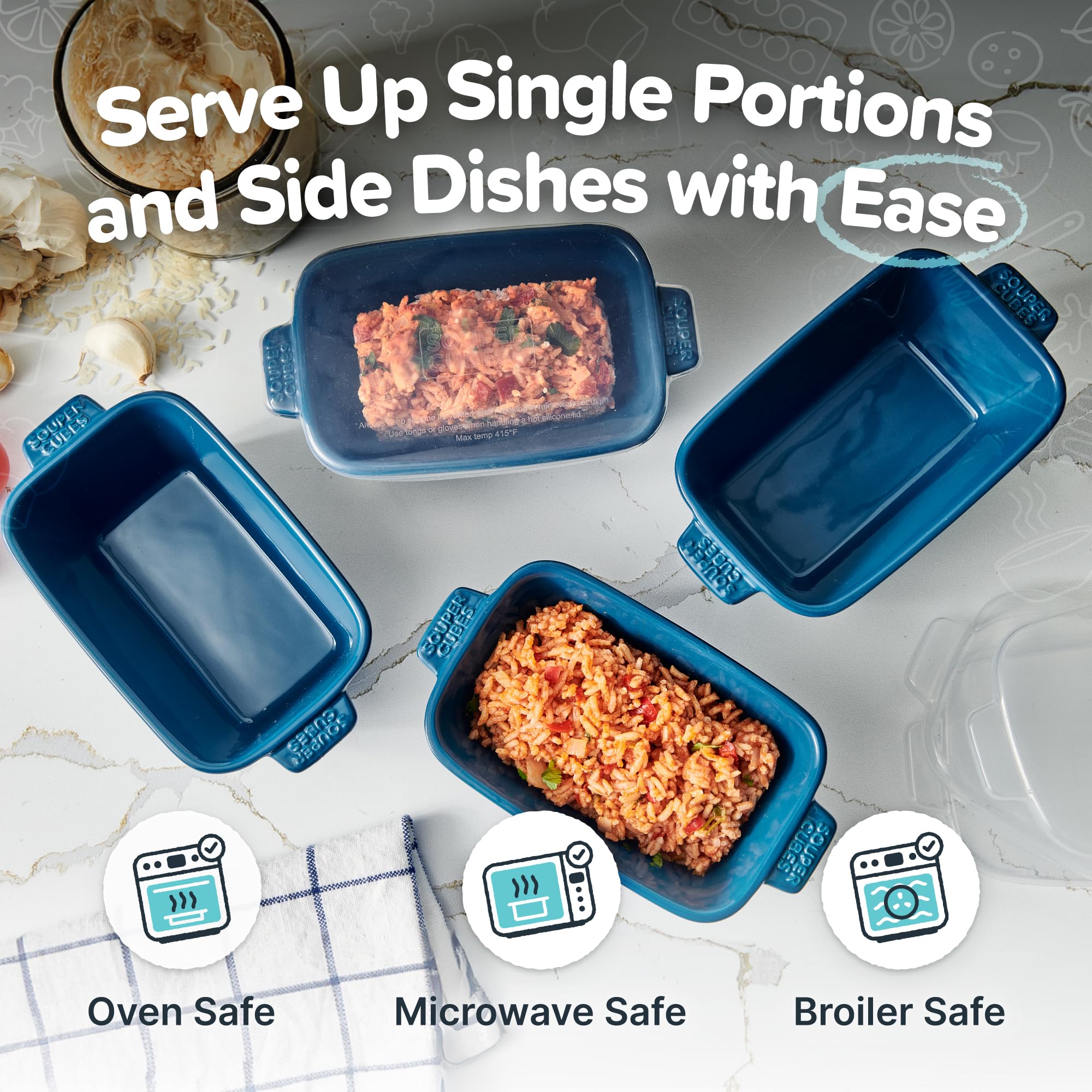 Souper Cubes blueberry stoneware dish with silicone lid, compact solution for oven reheating