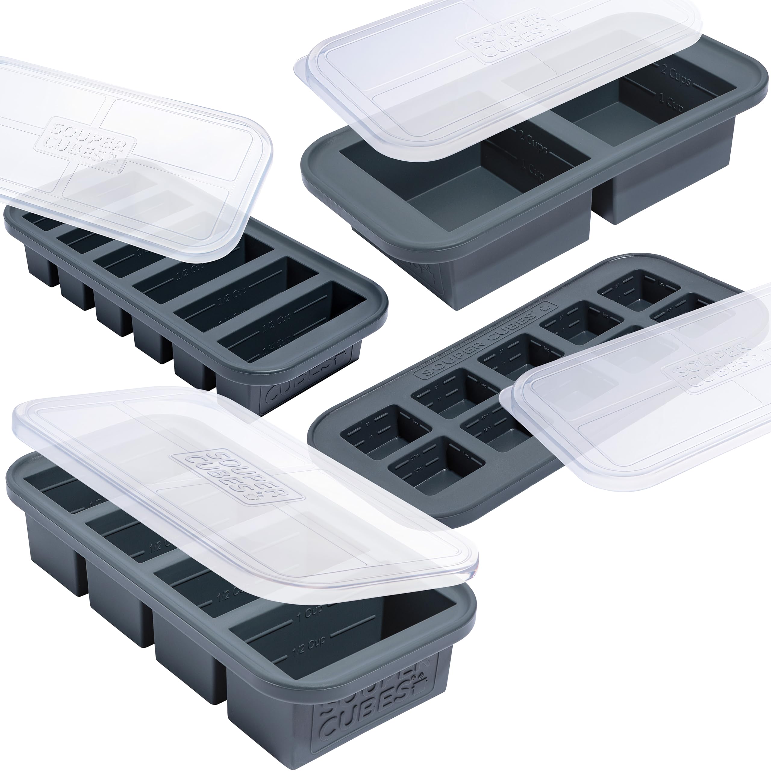 Souper Cubes charcoal trays with lids for easy weekly meal prep.