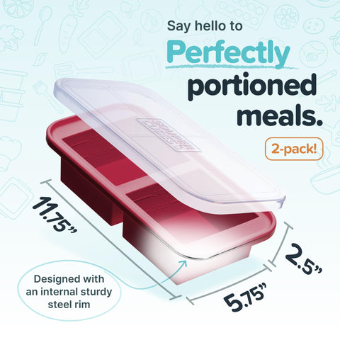 Close-up of Souper Cubes cranberry 2-cup molds with lids, showing flexible silicone and secure seal.