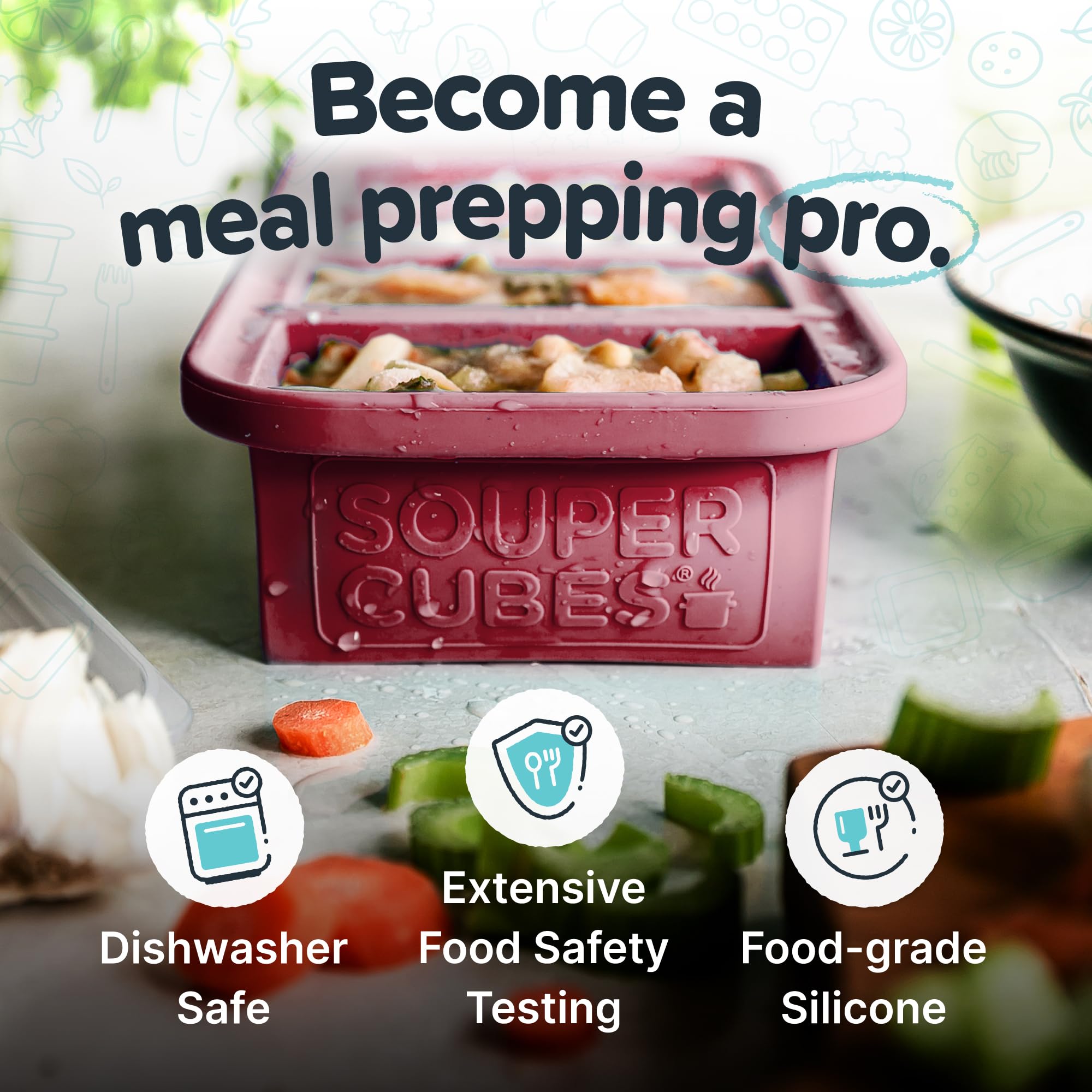 Souper Cubes silicone freezer tray stackable in dishwasher for easy cleanup.
