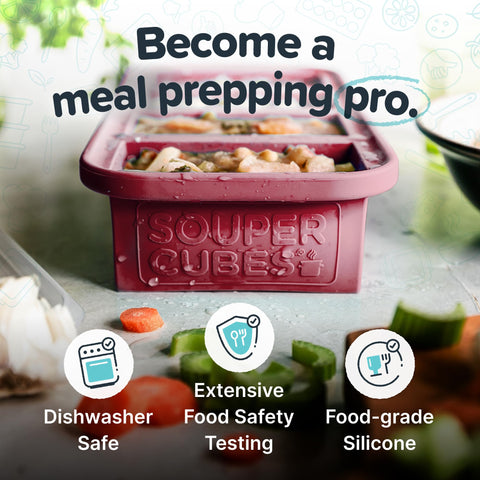 Souper Cubes silicone freezer tray stackable in dishwasher for easy cleanup.