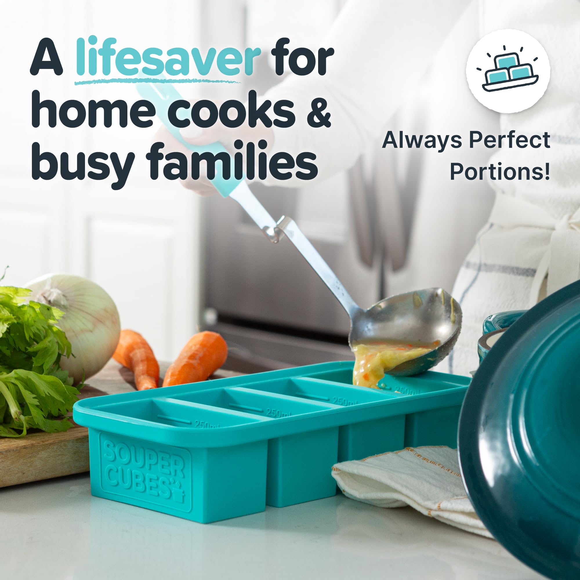 Souper Cubes dishwasher-safe freezer tray simplifies cleanup after meal prep.