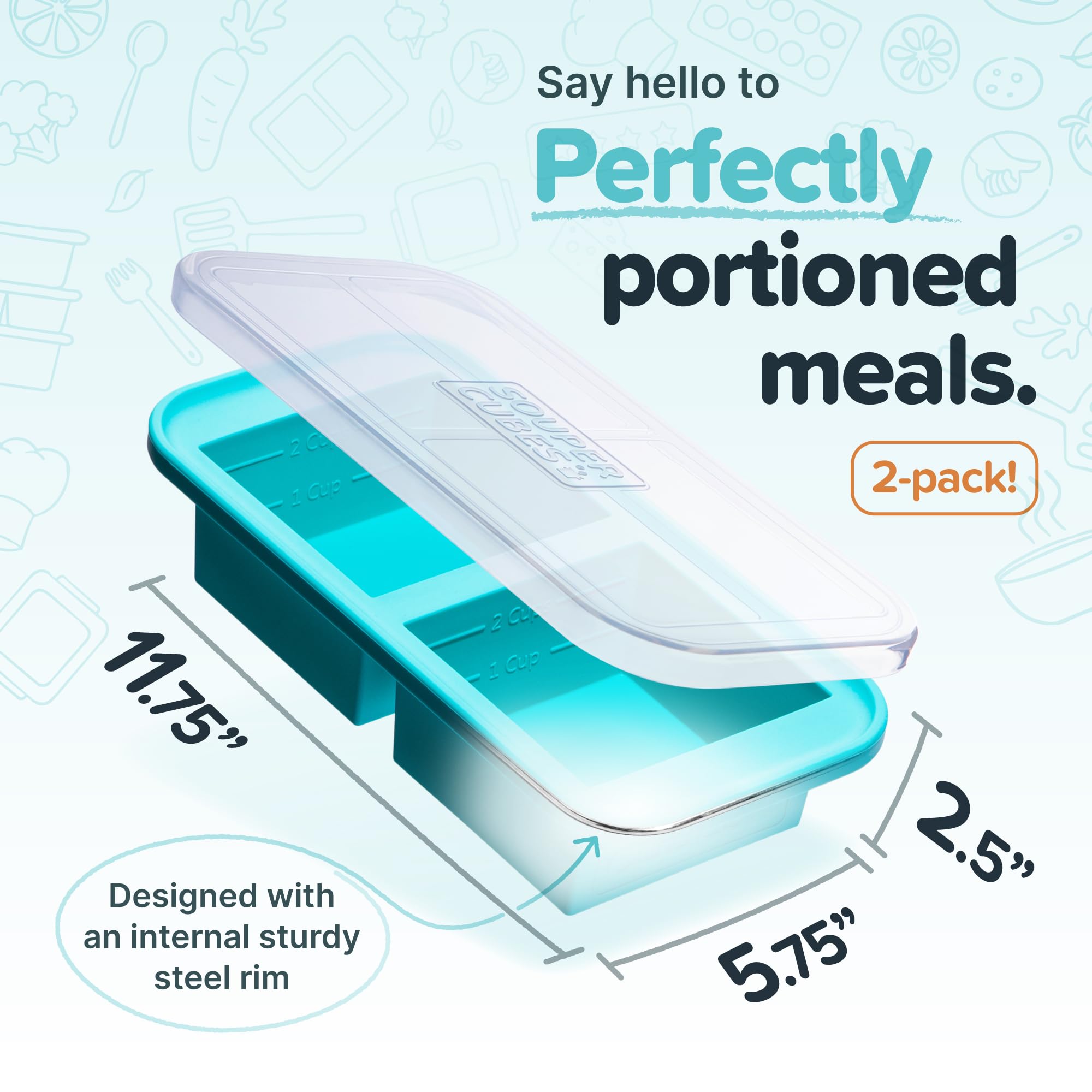 Souper Cubes fill-lines show 1- and 2-cup portions for precise meal prep