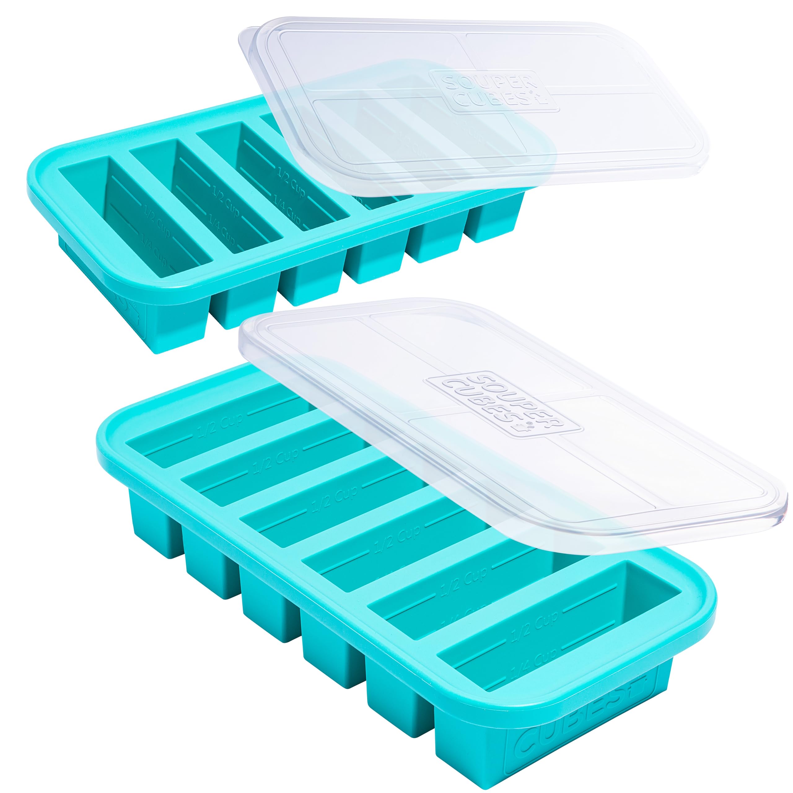 Souper Cubes half‑cup freezer tray in aqua, showcasing compact portioning for easy meal prep