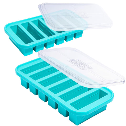 Souper Cubes half‑cup freezer tray in aqua, showcasing compact portioning for easy meal prep