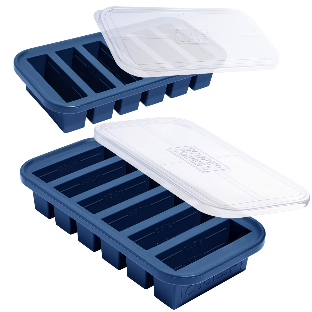 Souper Cubes half-cup freezer tray in blueberry with lid for easy meal prep.