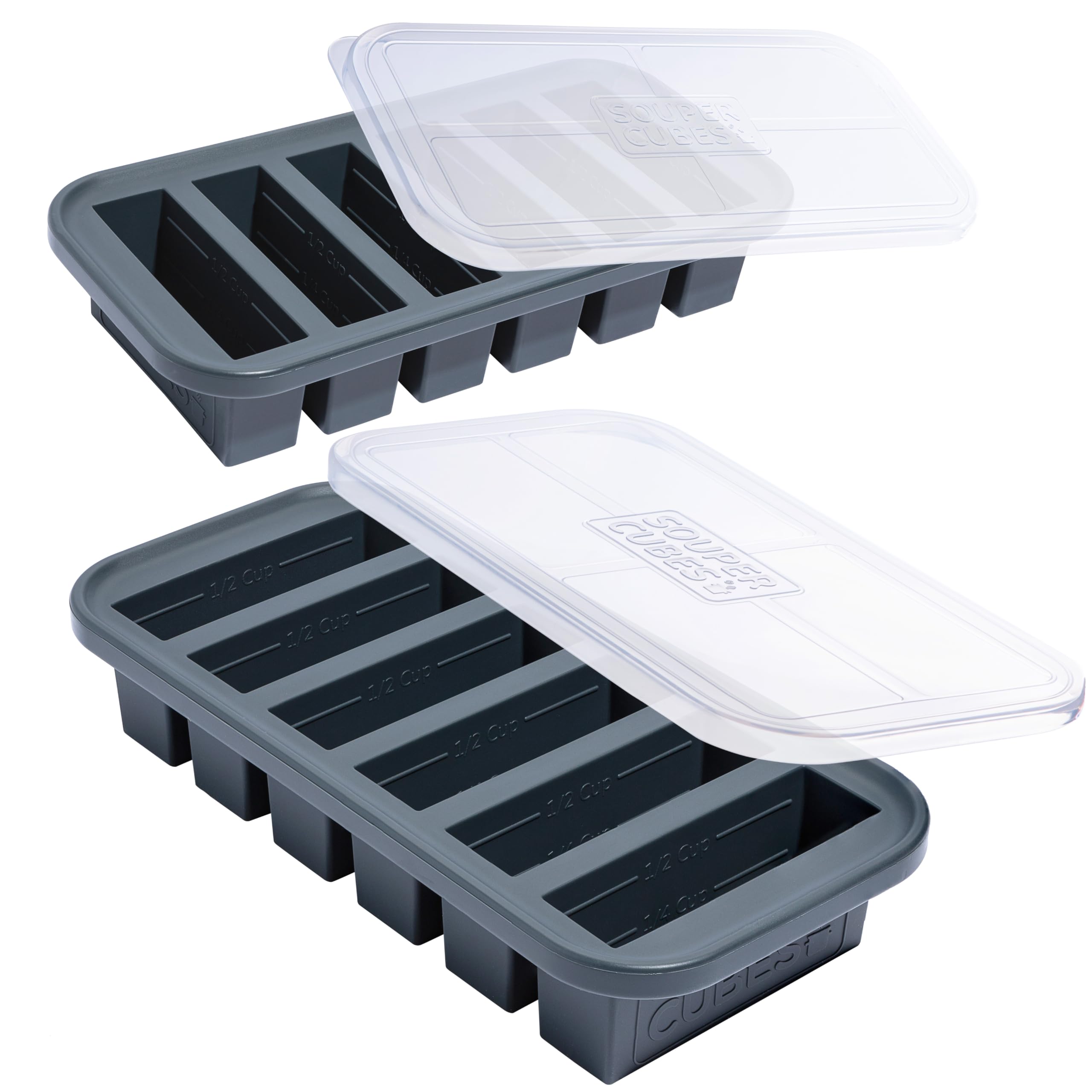 Souper Cubes half-cup silicone freezer mold in charcoal for easy portions.