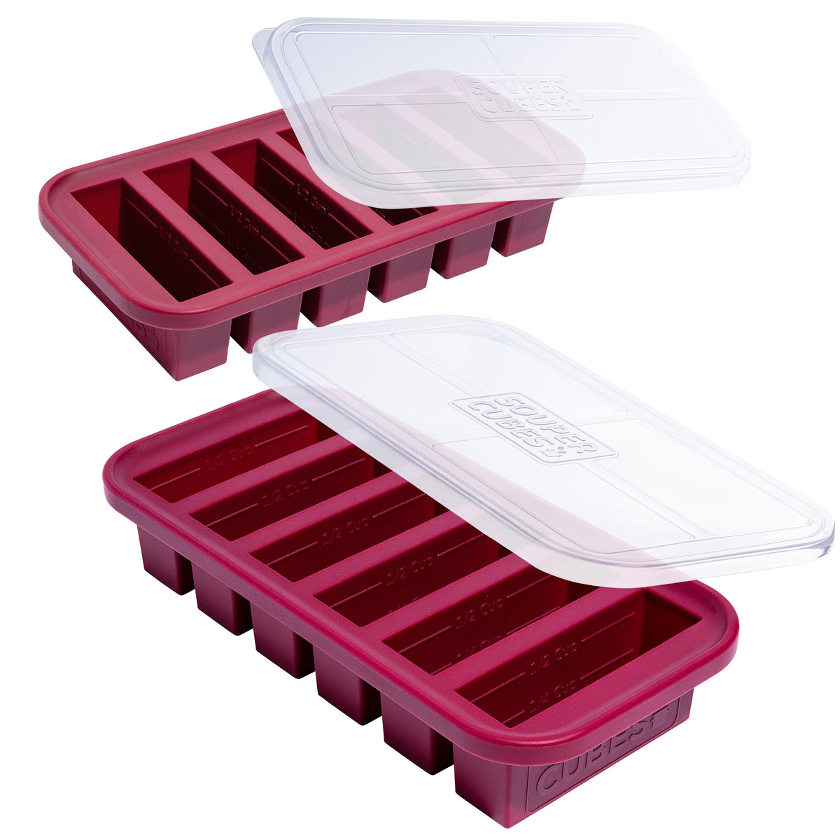 Souper Cubes half-cup tray with lid for easy portioning and freezing.