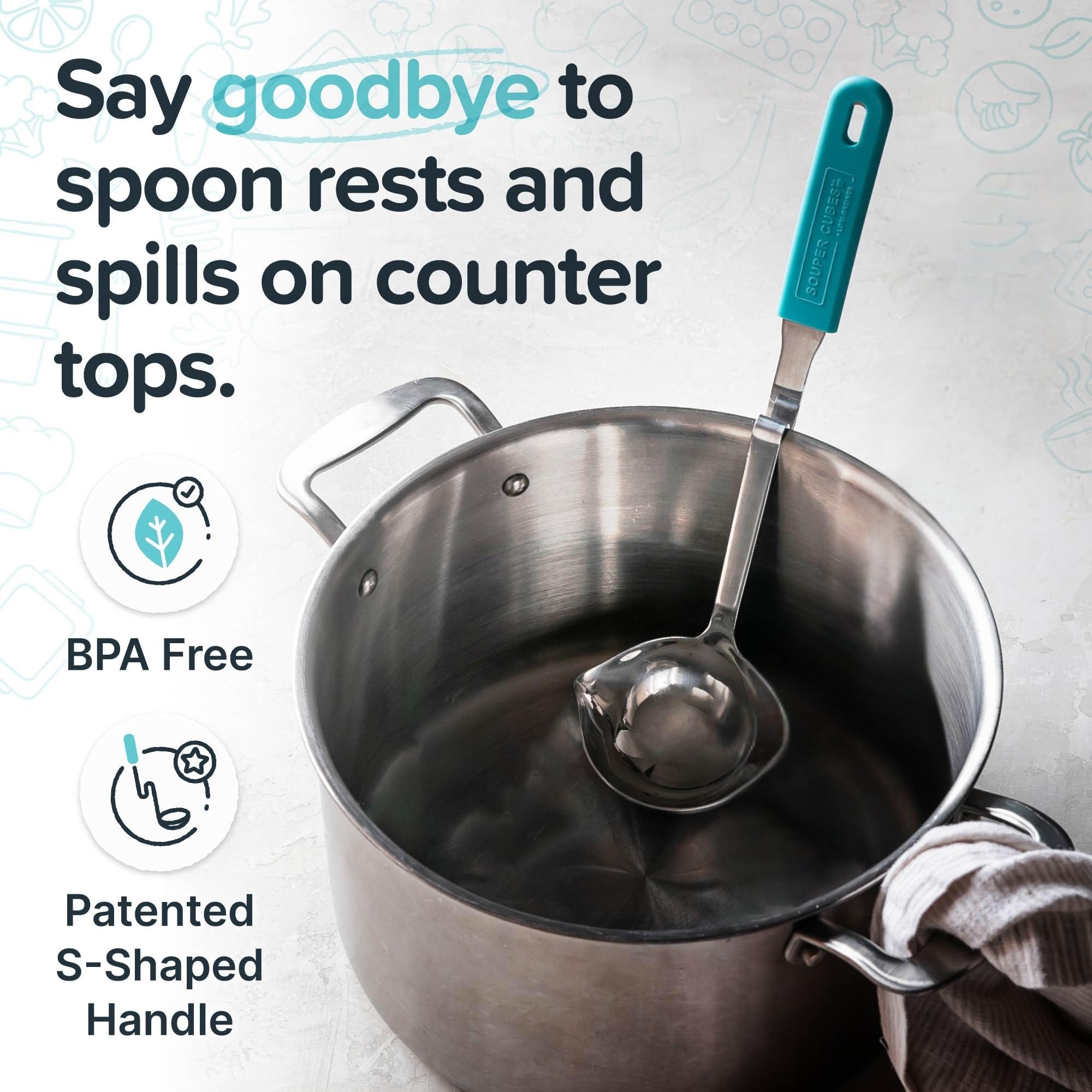 Souper Cubes Lori Greiner collaboration ladle resting on pot edge during serving.