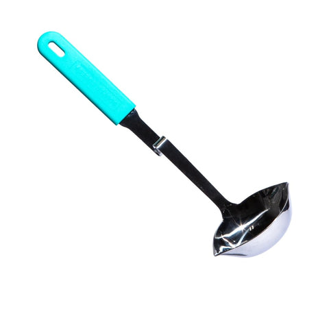 Souper Cubes no-mess stainless steel ladle hangs on pot rim to prevent drips.