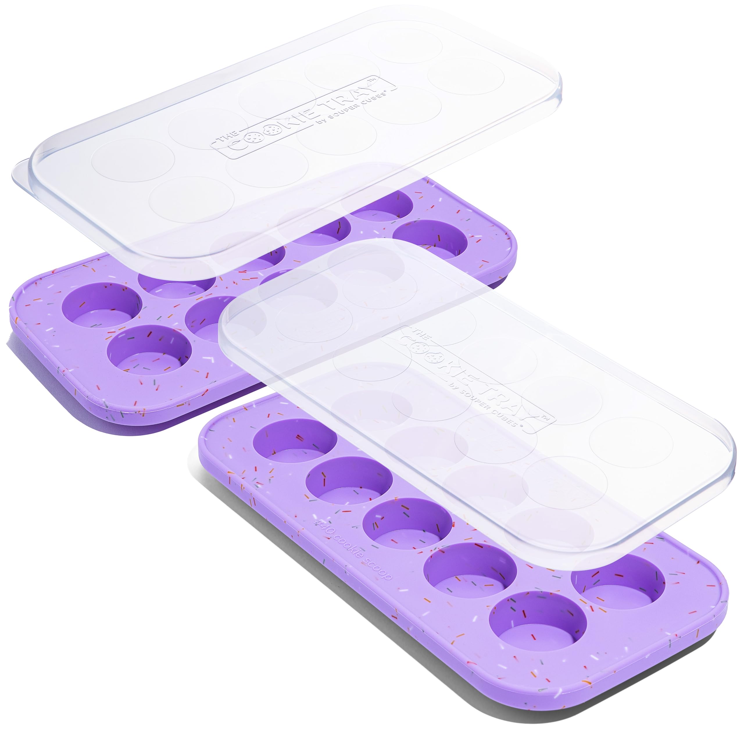 Souper Cubes lavender dough tray with sprinkles, ideal for portioning ready-to-bake cookies.