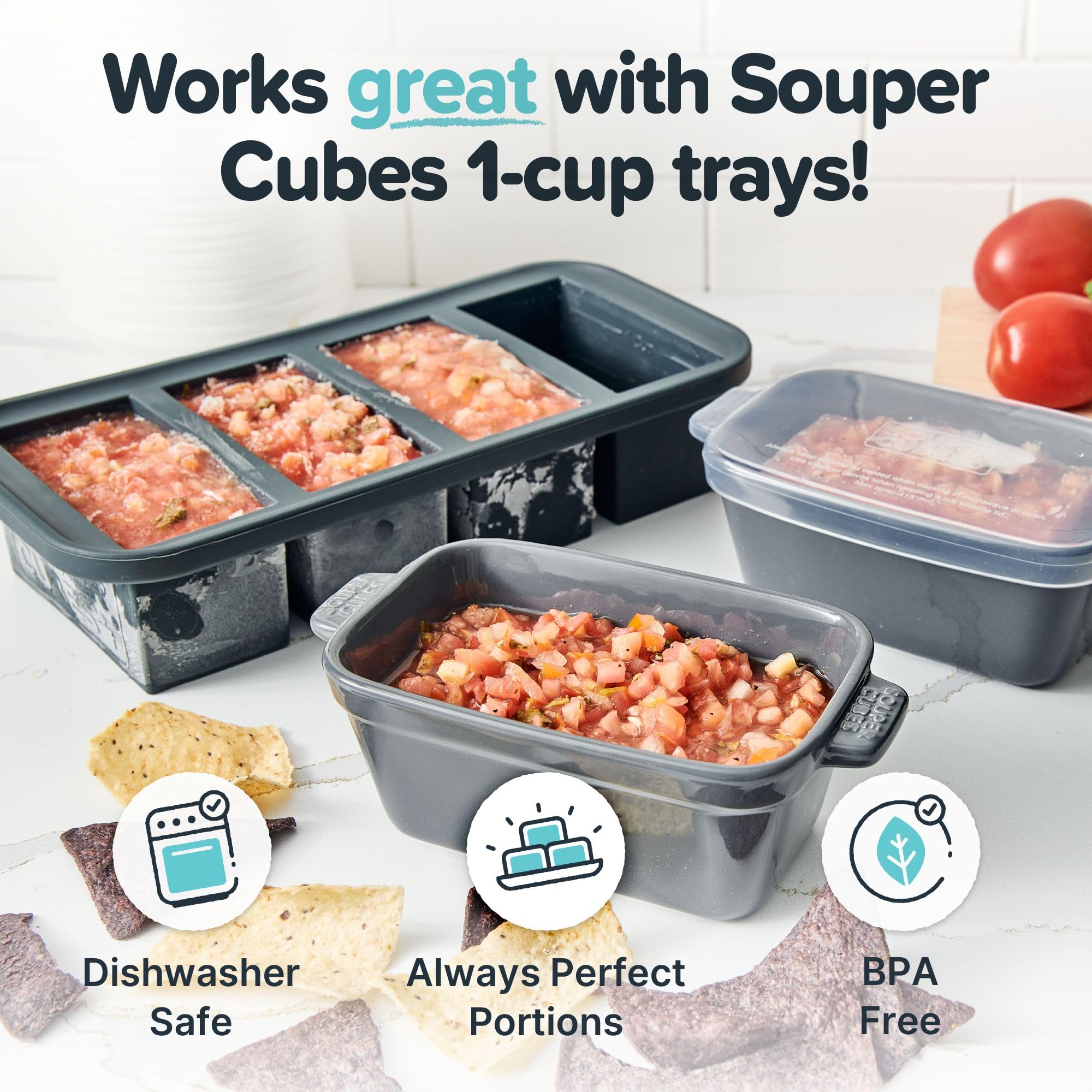 Souper Cubes silicone-covers charcoal keep portions secure for reheating.