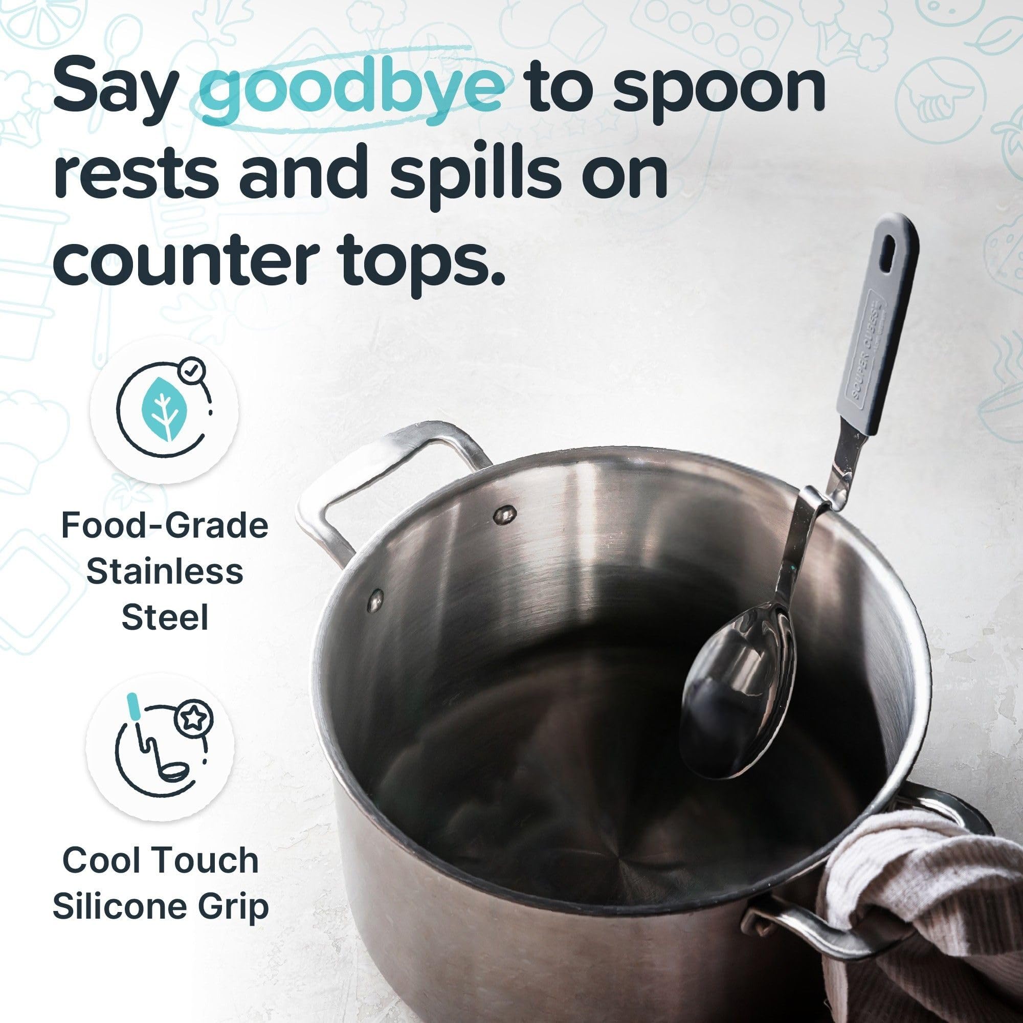 Souper Cubes spoon hanging design resting on pot rim for quick access