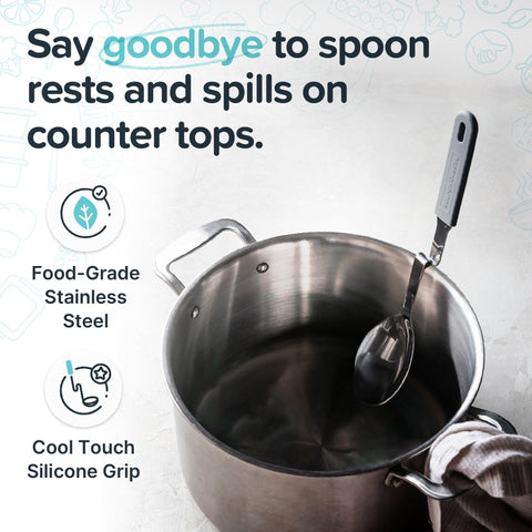 Souper Cubes spoon hanging design resting on pot rim for quick access