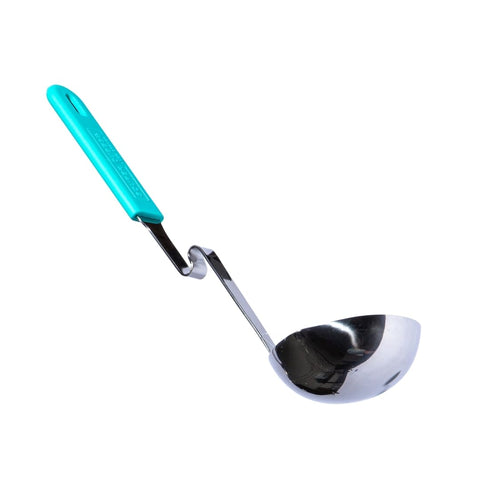Souper Cubes ladle close-up showing cool silicone handle for safe cooking.