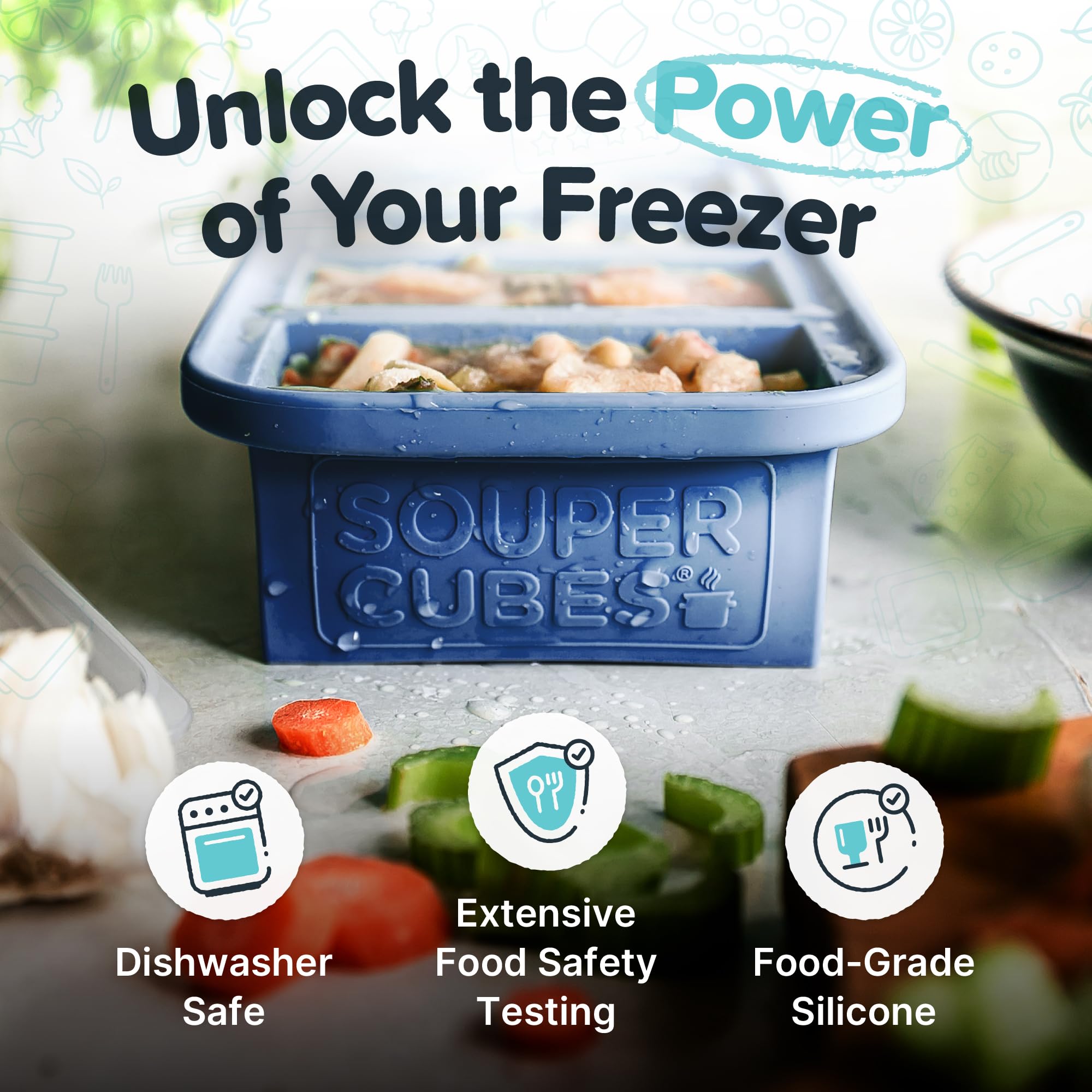 Souper Cubes steel-reinforced-top keeps lids secure during freezing.