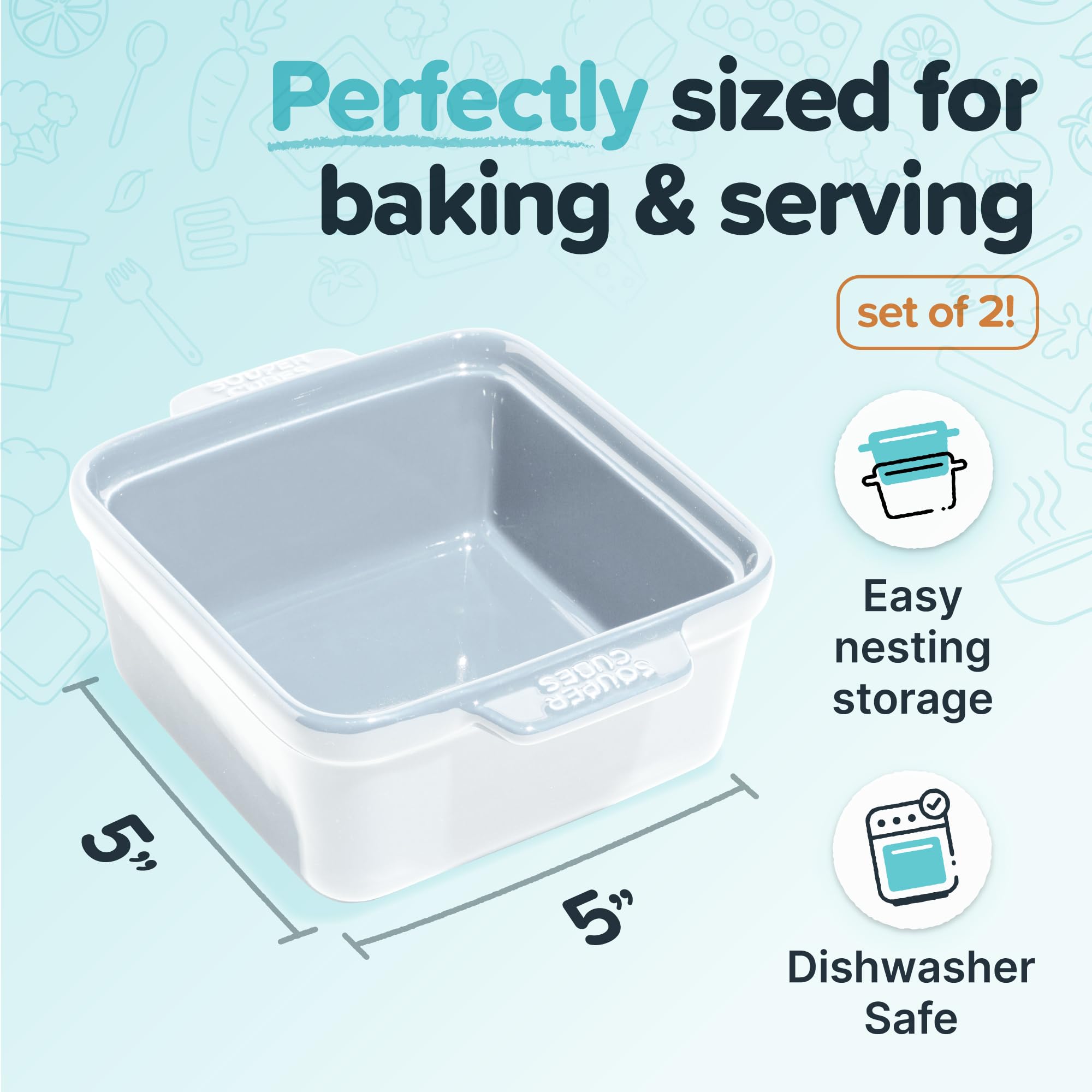 Souper Cubes stoneware dish with silicone cover for secure freezer-to-oven reheating