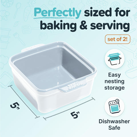 Souper Cubes stoneware dish with silicone cover for secure freezer-to-oven reheating