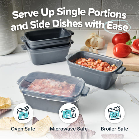 Souper Cubes stoneware oven-safe charcoal dish for versatile reheating in oven or microwave.