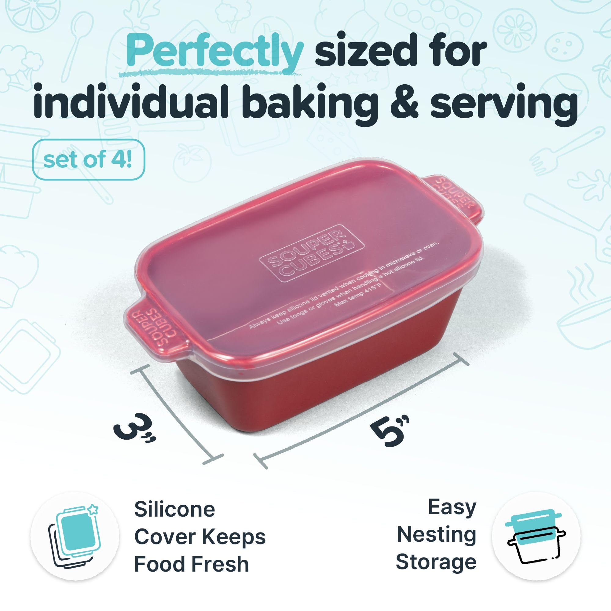Souper Cubes stoneware small dish in oven, cranberry finish, oven-safe up to 450 F.
