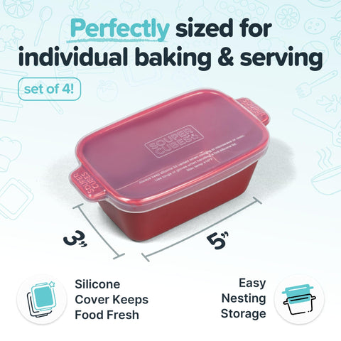 Souper Cubes stoneware small dish in oven, cranberry finish, oven-safe up to 450 F.