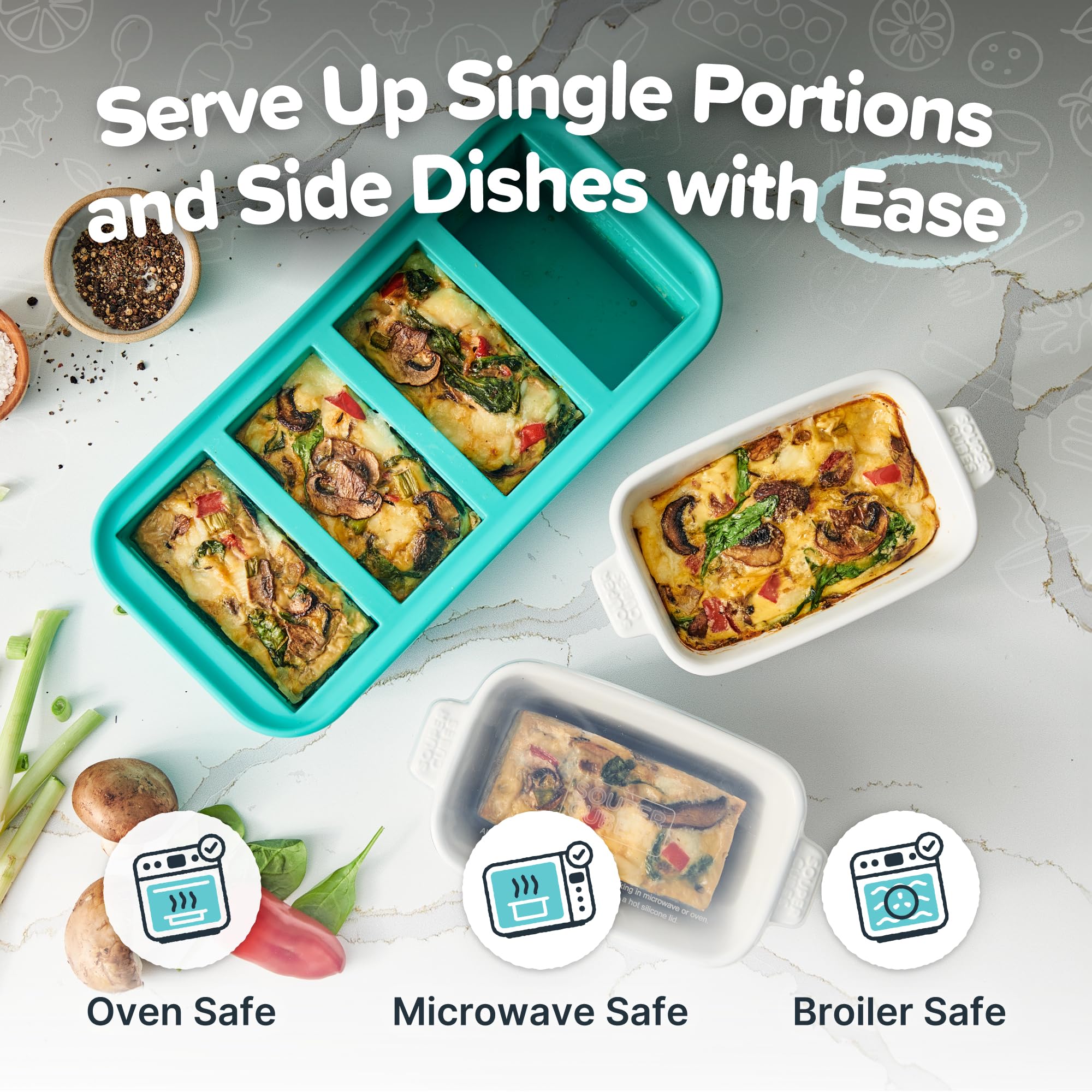 Souper Cubes stoneware small dish shown in oven and microwave reheating.