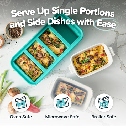 Souper Cubes stoneware small dish shown in oven and microwave reheating.