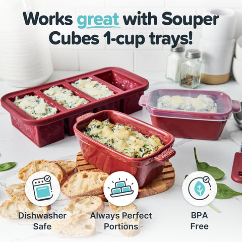 Souper Cubes stoneware small dish with silicone covers, cranberry color, ideal for reheating.