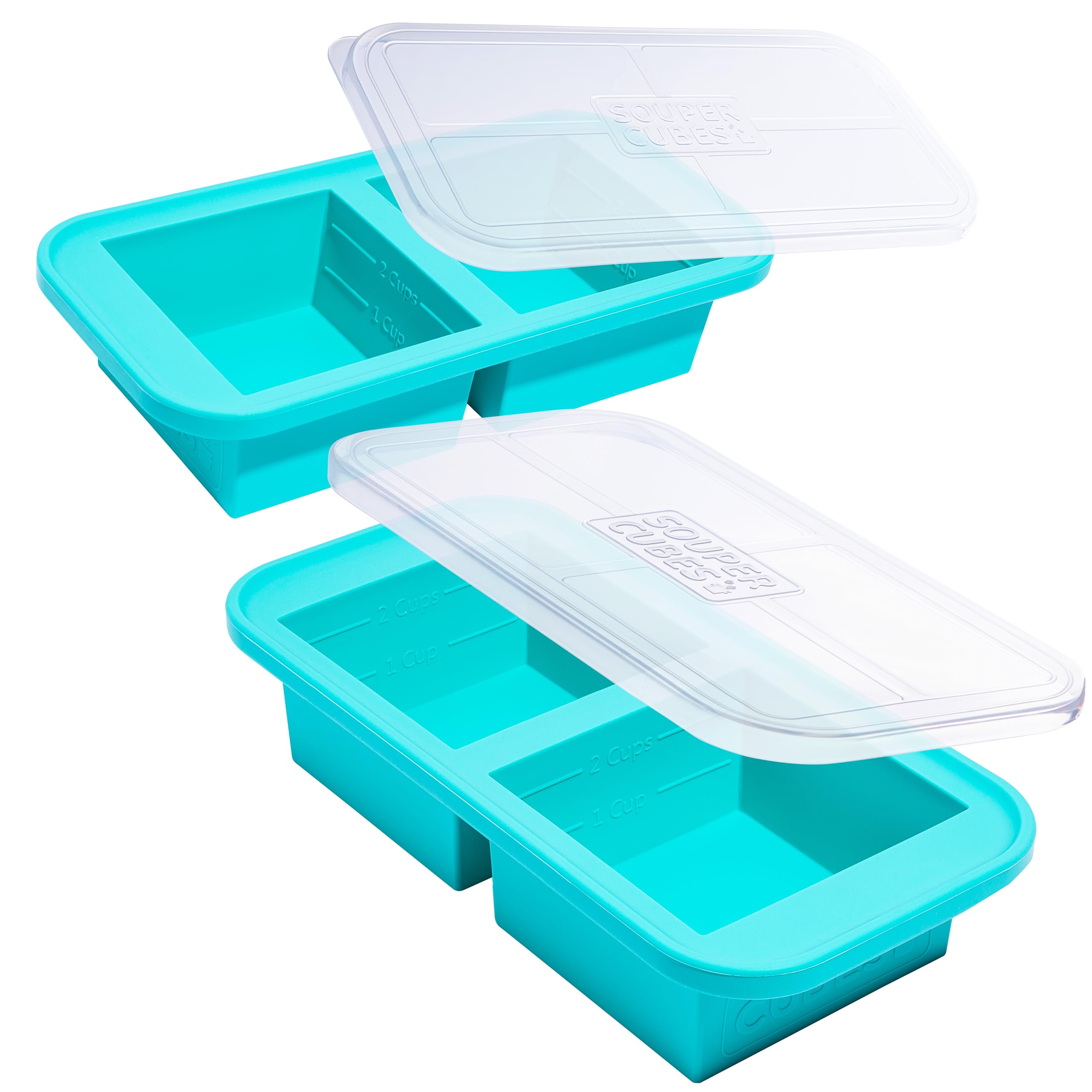 Souper Cubes two-cup tray with lid for organized batch meals and easy stacking