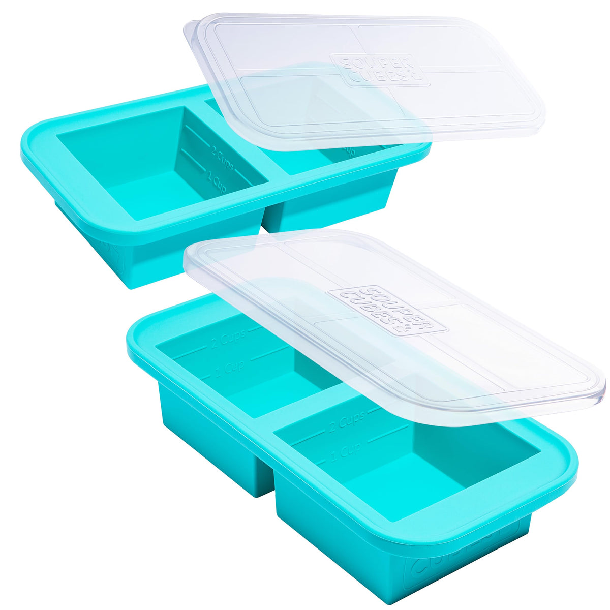 Souper Cubes two-cup tray with lid for organized batch meals and easy stacking