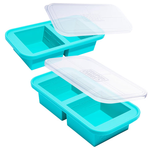Souper Cubes two-cup tray with lid for organized batch meals and easy stacking