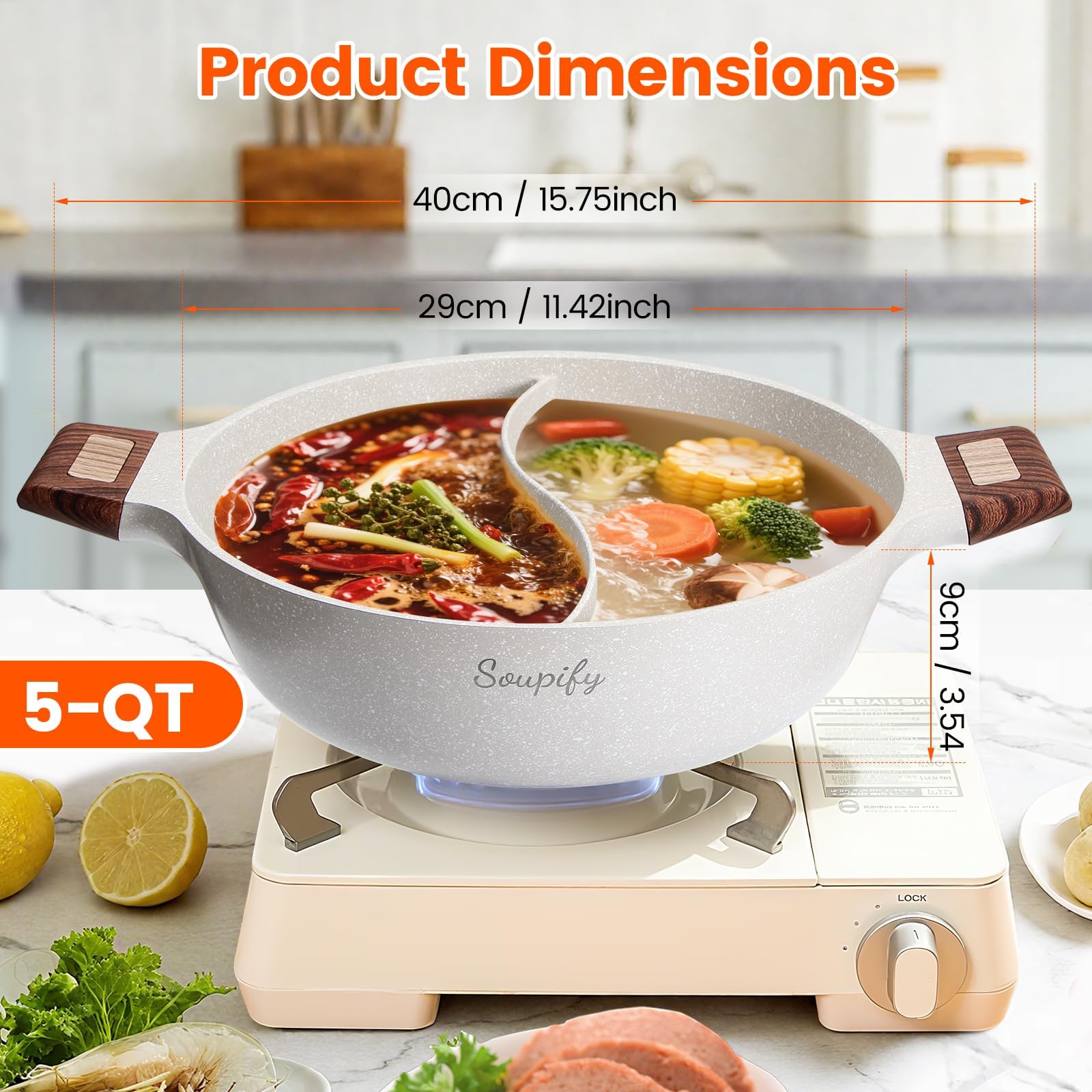 Soupify five-quart pot divider setup shows two flavors ready to cook side by side.
